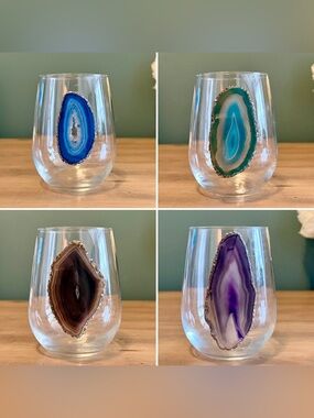 Handmade Agate Slice Stemless Wine Glasses Set 4 Crystal Boho Decor